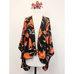 Anthropologie Red Roses Floral Print Kimono Boho Flowy Cape Women's One Size